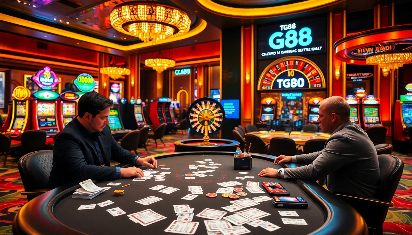 Engage in a thrilling game at TG88 casino tables featuring poker action and slot machines.