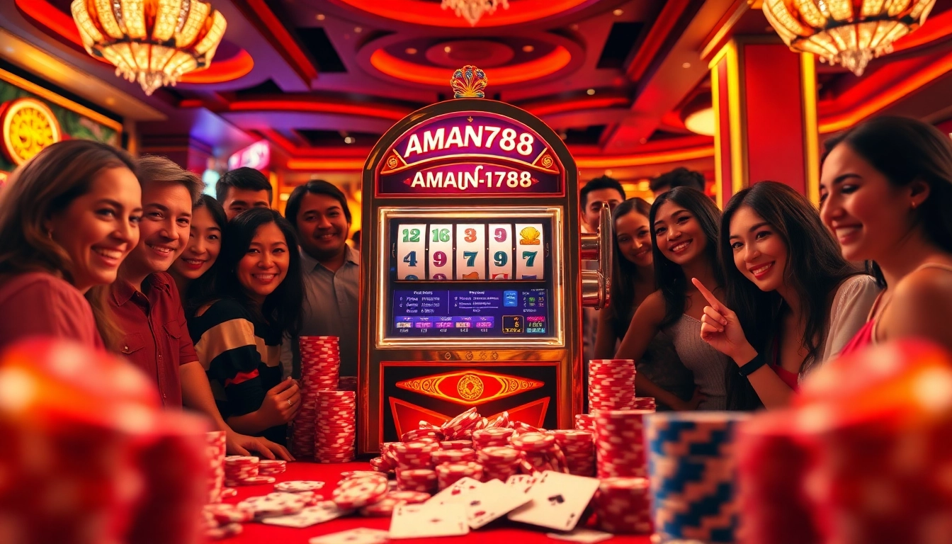 Pemain dengan antusias berinteraksi dengan mesin slot AMAN788, menunjukkan kegembiraan di lingkungan kasino mewah.