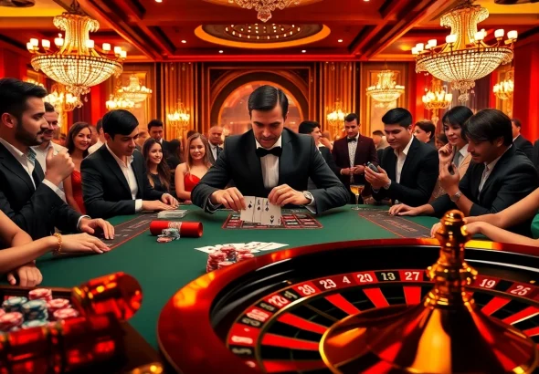 Mega888 players enjoying a high-stakes poker game in a luxurious casino setting.