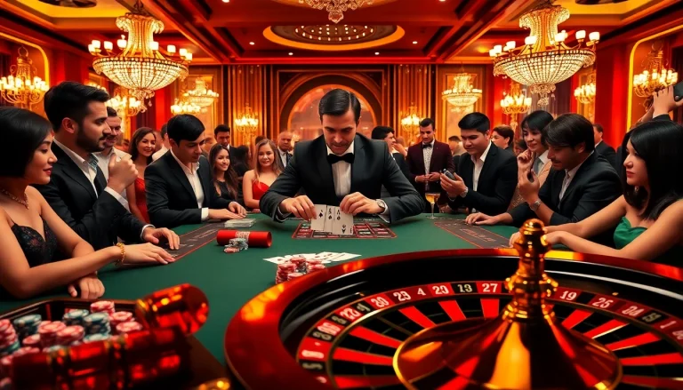 Mega888 players enjoying a high-stakes poker game in a luxurious casino setting.