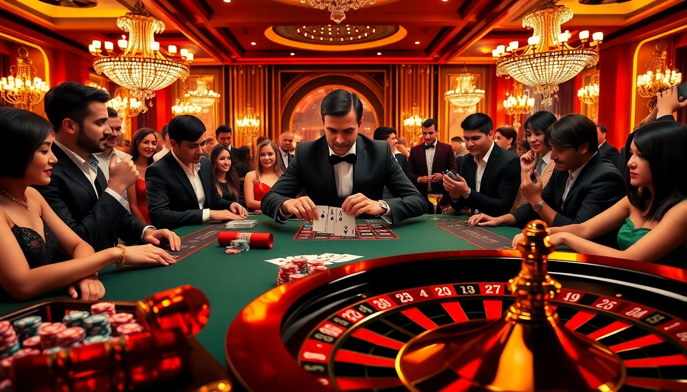 Mega888 players enjoying a high-stakes poker game in a luxurious casino setting.