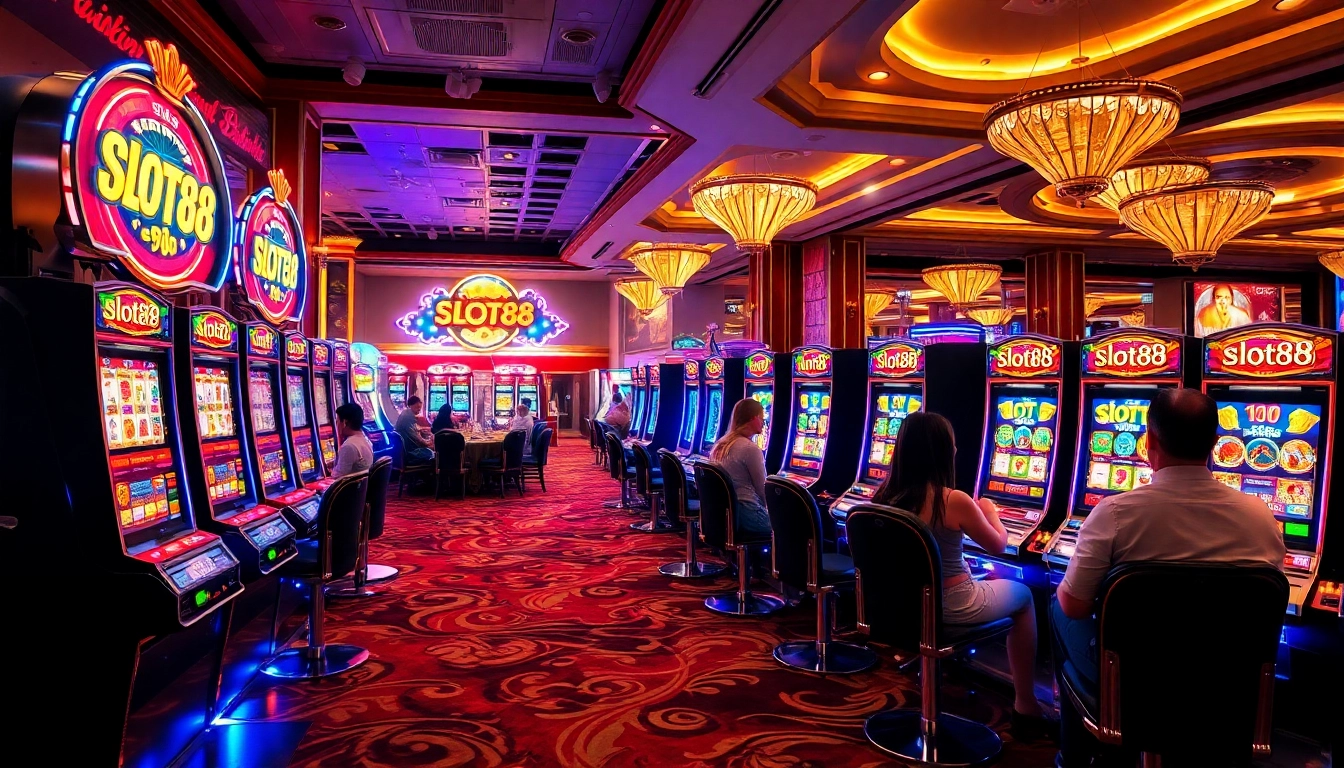Experience the excitement at slot88 with players engaged at vibrant, illuminated slot machines.