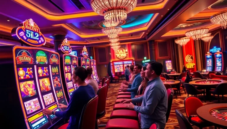 Players enjoying a thrilling session on slots777 machines in a vibrant casino setting