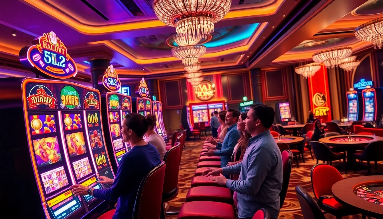 Players enjoying a thrilling session on slots777 machines in a vibrant casino setting