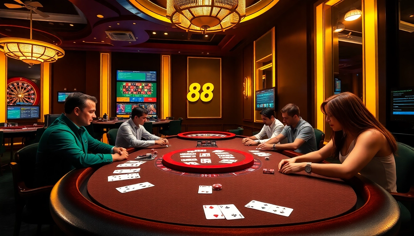 Players at a vibrant poker table showcasing the excitement of 68VIP online gambling.