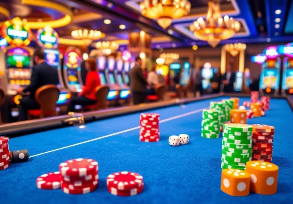 Nohu-inspired casino scene showcasing vibrant poker chips and elegant gaming tables.