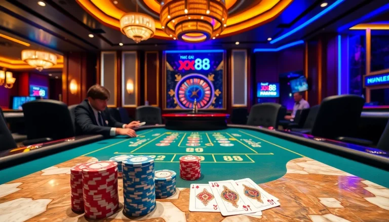 Exciting casino atmosphere featuring poker and gambling elements at Nhà cái x88.