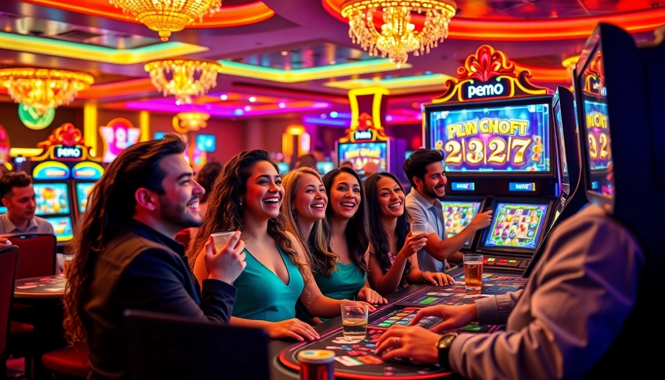 Engaging players enjoying demo slot pragmatic games in a vibrant casino setting, showcasing excitement and fun.