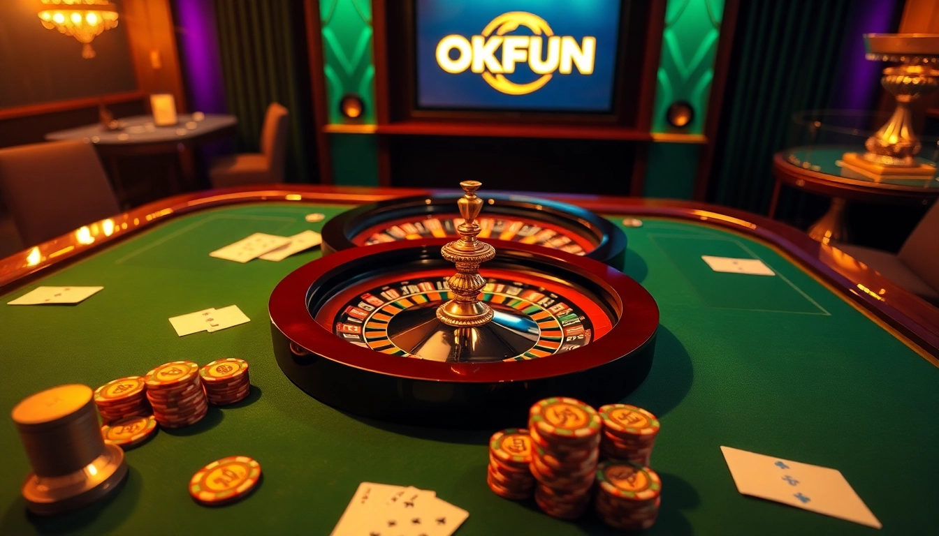 Engaging casino scene showcasing OKFUN logo with poker chips and roulette spinning.