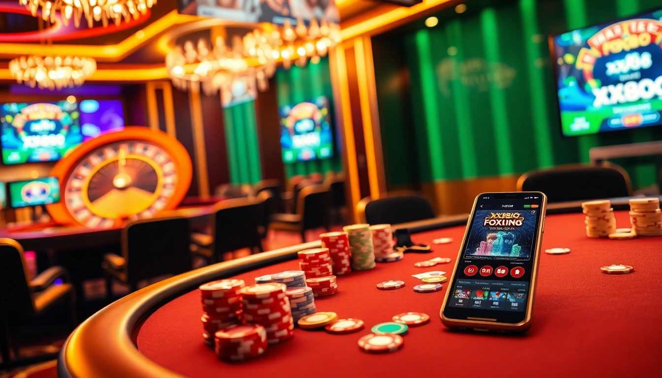 Exciting casino scene with xx88 poker table and digital roulette wheel.