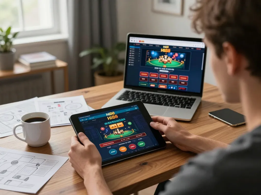 Player enjoying exciting gameplay on the hi88 casino app at home with notes and coffee.