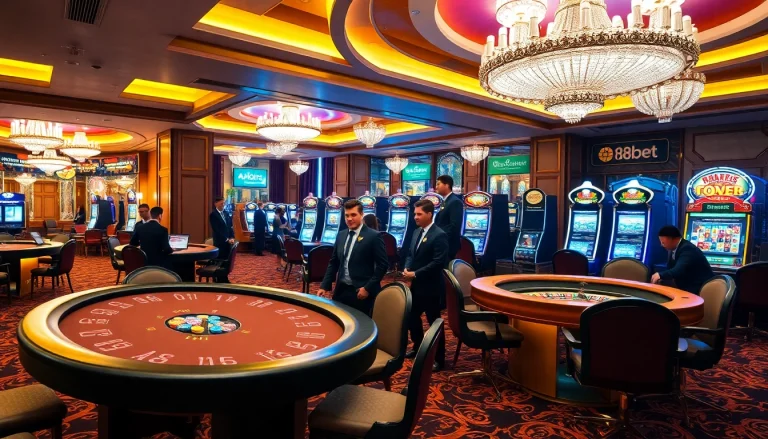 Experience the excitement of 188bet with stylish gambling tables and vibrant slot machines.