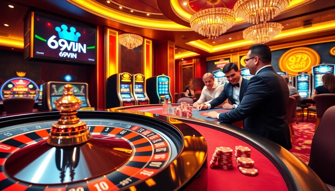 Experience thrilling gaming at 69VN with engaging poker and roulette tables in an upscale casino atmosphere.