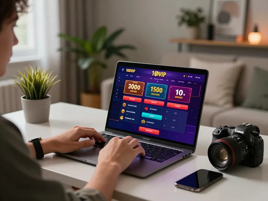 Player engaging with the 100VIP online casino app on a laptop at home, showcasing strategic gaming.
