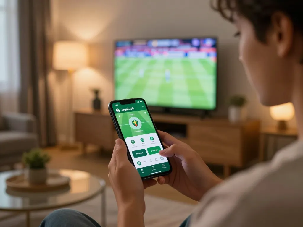 Person engaging with the Jogoluck app for live sports betting in a cozy living room setting.