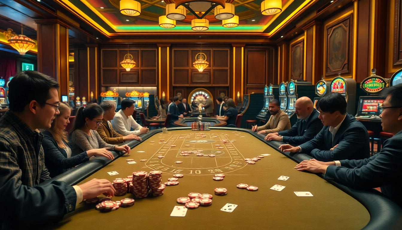 SX88 players engaging at a luxurious casino table with vibrant colors and dynamic gameplay.