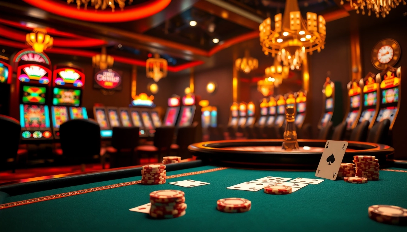Exciting casino atmosphere showcasing BDTK1 with poker chips and vibrant gaming tables.
