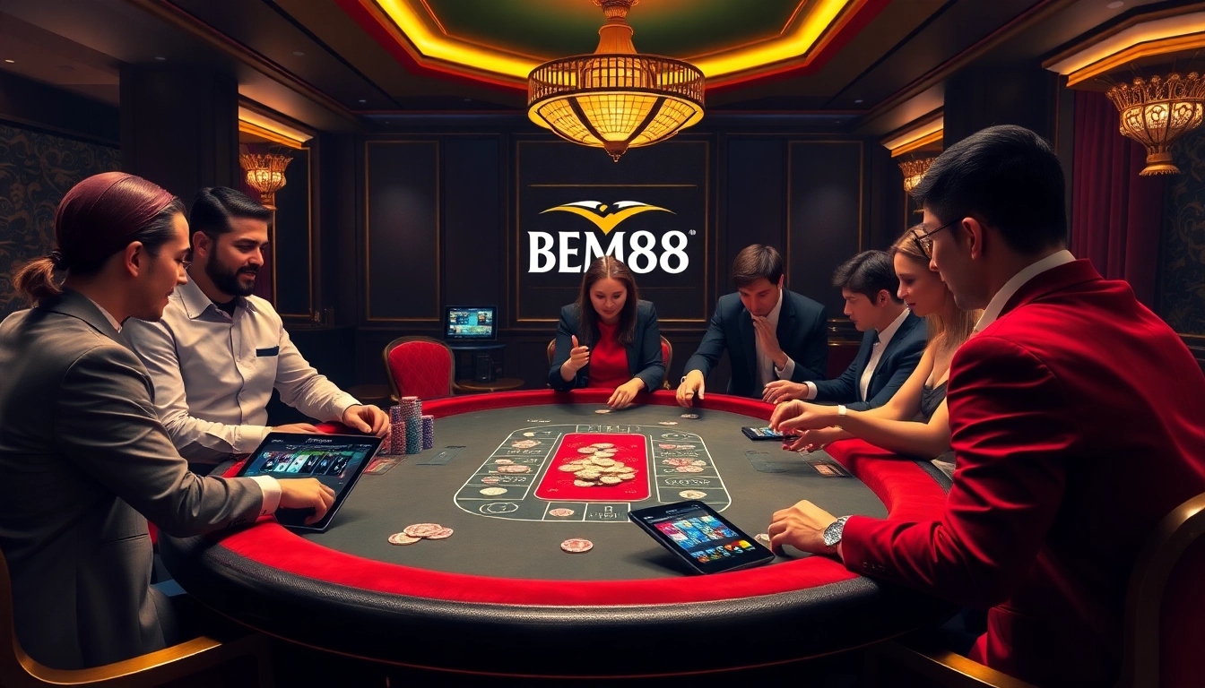 The excitement of gambling at BEM88 with professional dealers at a luxurious poker table, vibrant chips in play.