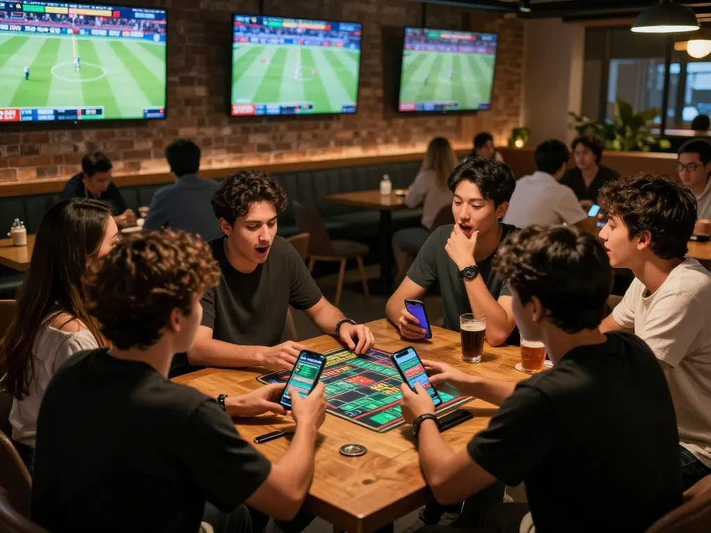 Excited bettors using may88 app in a lively sports lounge, showcasing dynamic social betting.