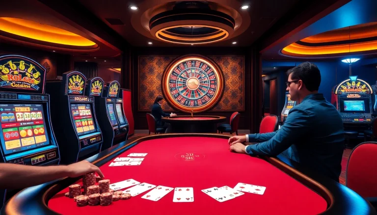 Experience the luxury of 77win with players at a high-stakes poker table in a vibrant casino scene.