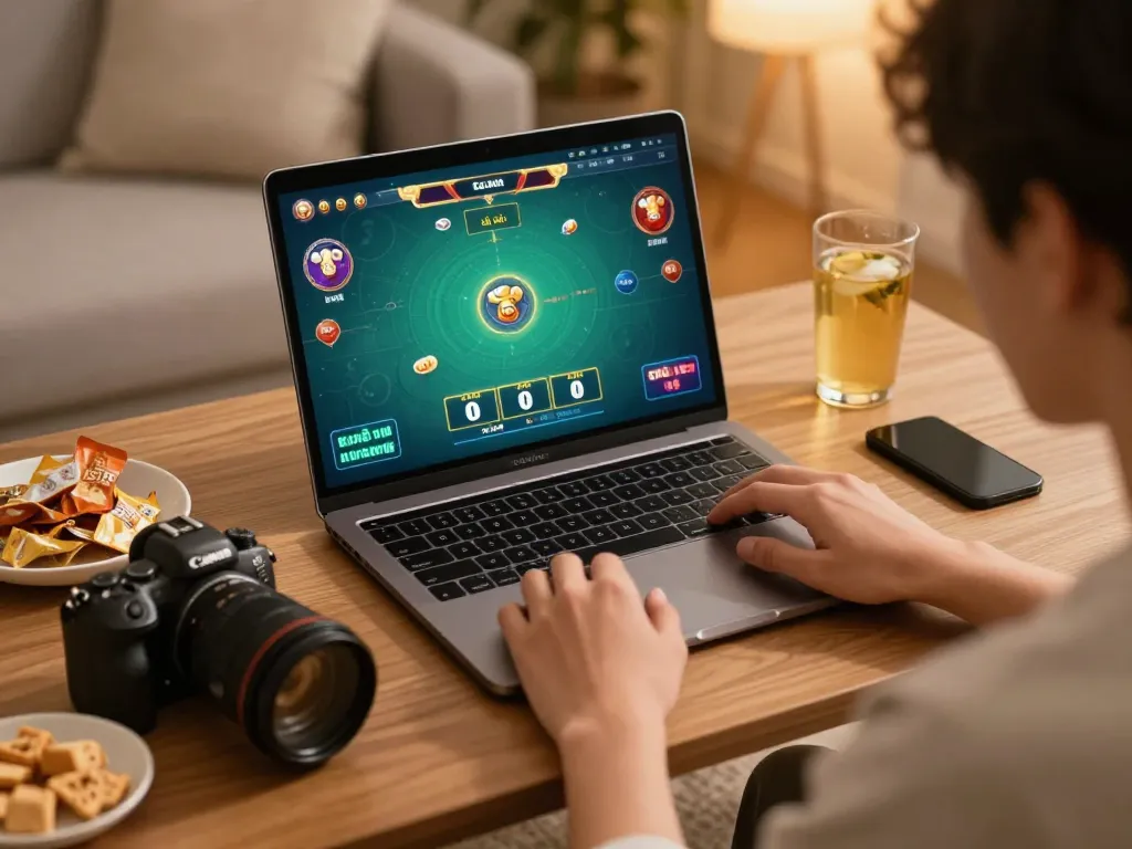 Engaged player strategizing in a tài xỉu online game on a laptop in a cozy home.