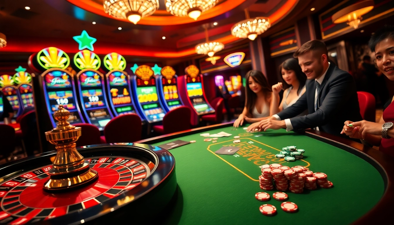 SODO casino scene with players engaging at a poker table and roulette wheel, showcasing excitement and luxury.