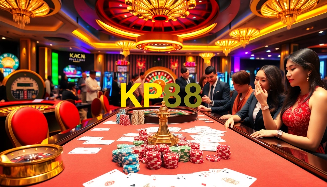 Engage in high-stakes gaming at KP88's luxurious casino scene with vibrant poker chips and lively atmosphere.