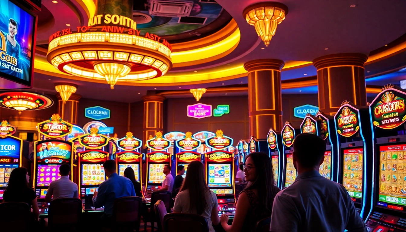 Slot Gacor machines drawing excited gamblers in a vibrant casino environment.
