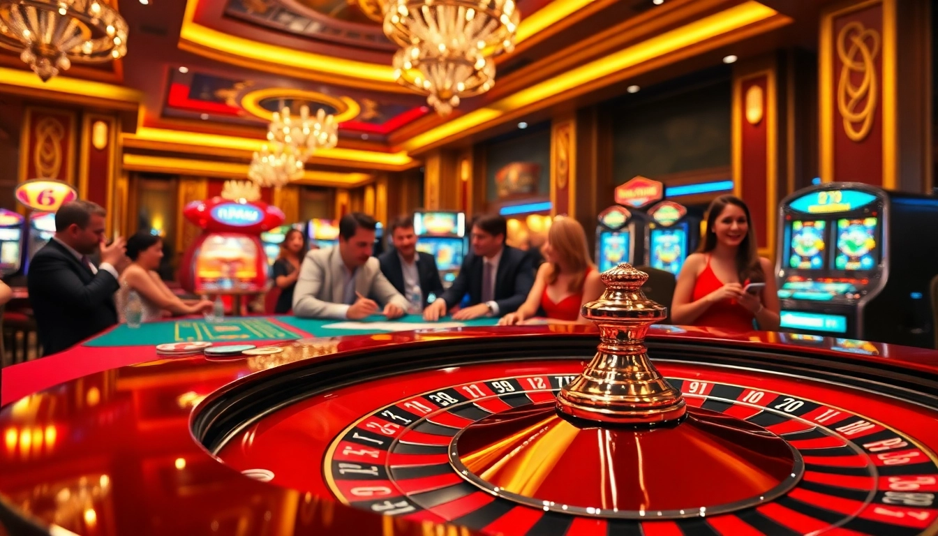 Exciting casino atmosphere at https://da88st.com/ with roulette, poker chips, and vibrant decorations.