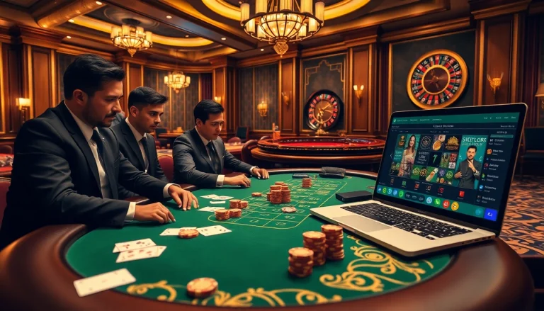 A high-stakes poker game with intense players and luxurious decor, showcasing https://luckywin.fan/ casino elements.