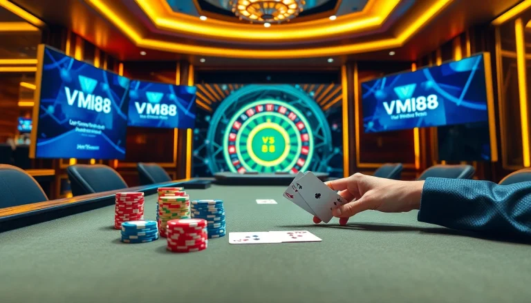Interactive VM88 digital poker table showcasing secure betting and vibrant chips in an upscale casino setting