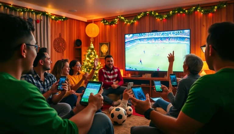 Dynamic scene of fans enjoying live football on LuongSonTV with high-definition screens.