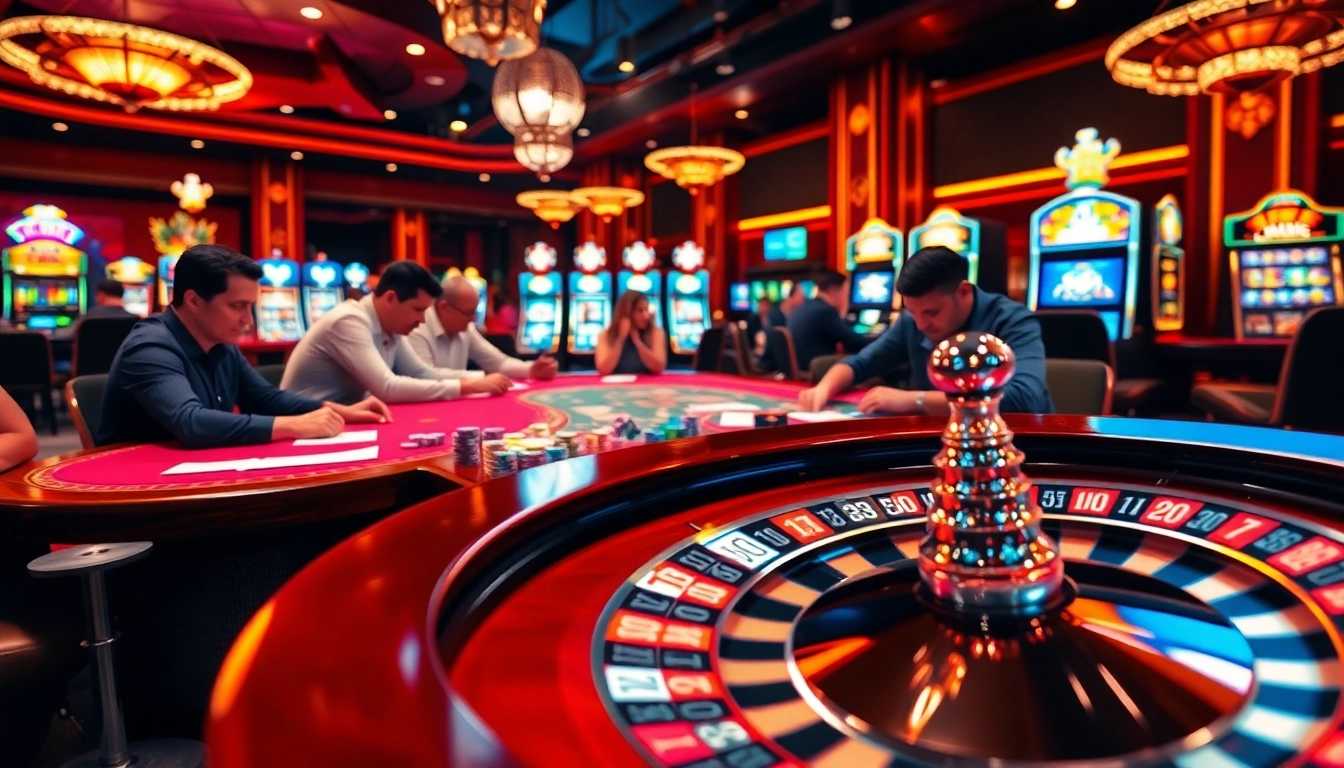Players enjoying high-stakes poker at SC88 casino, surrounded by vibrant slot machines and roulette.