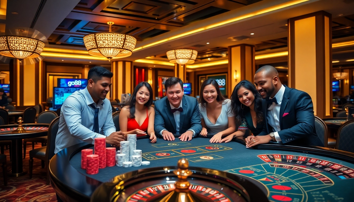 Players celebrating a win at the go88 casino table, surrounded by luxury gaming elements.
