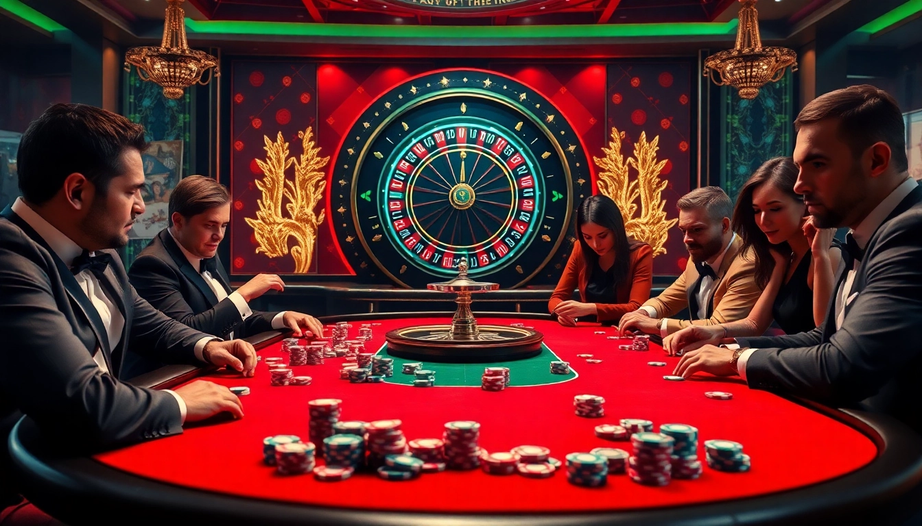 B52 Club players engaging in an exciting game at a luxurious poker table surrounded by vibrant casino elements.