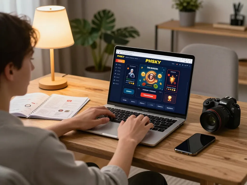 PHSKY online platform gameplay on a laptop with gaming notes and warm lighting.