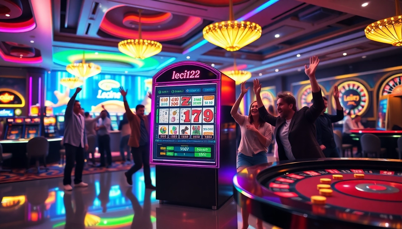 Leci123 players winning at slots in a vibrant casino ambience filled with excitement.
