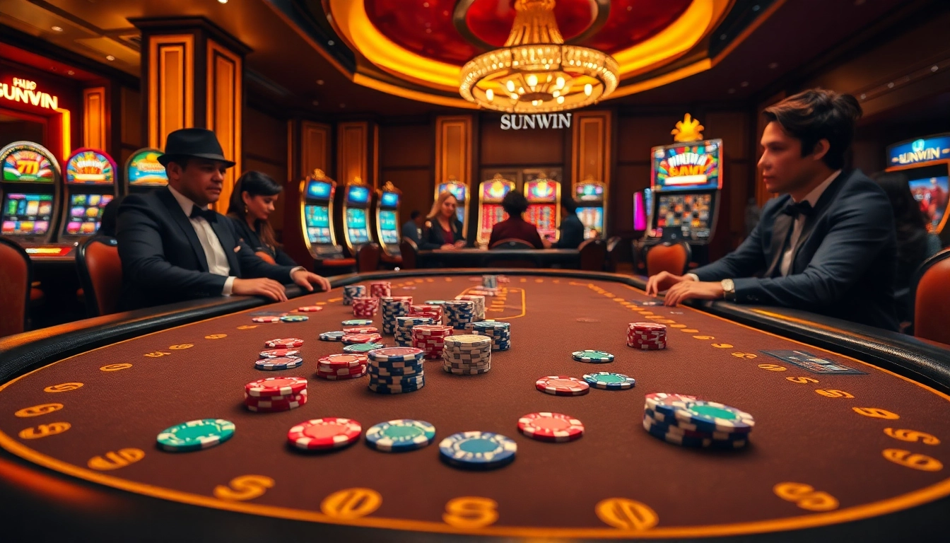 Sunwin poker table with vibrant chips depicting an exciting gambling atmosphere.