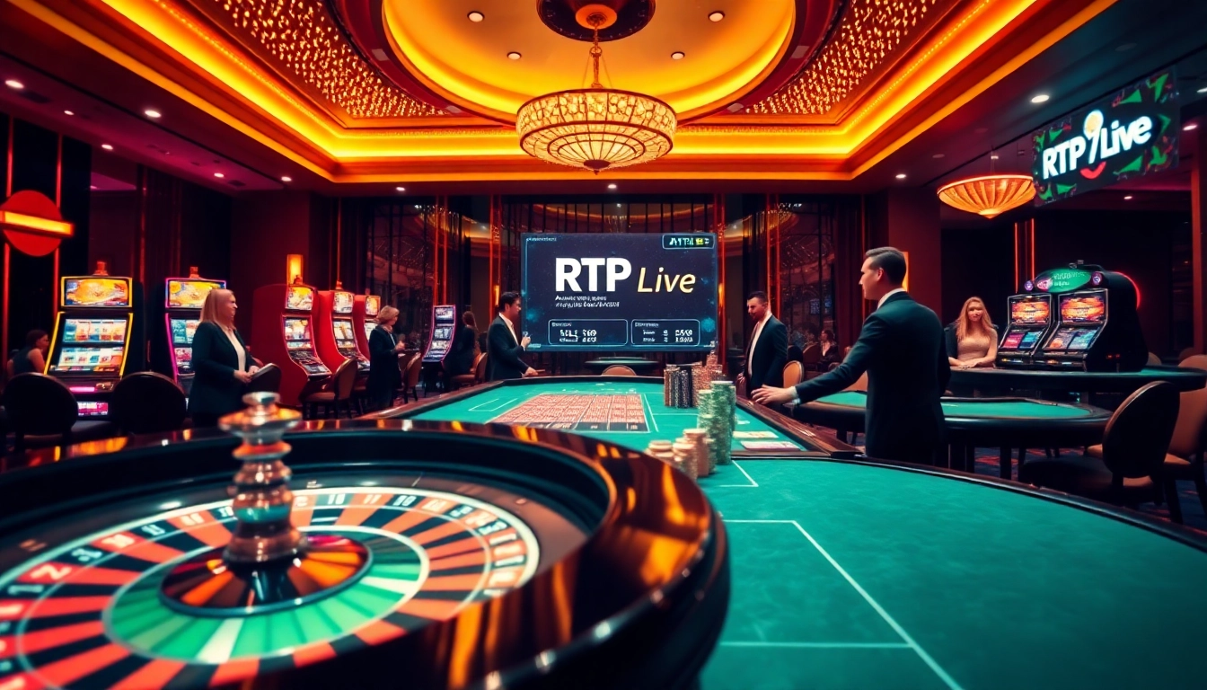 Engaging players analyze RTP Live data at a glamorous casino, enhancing their gaming strategy.