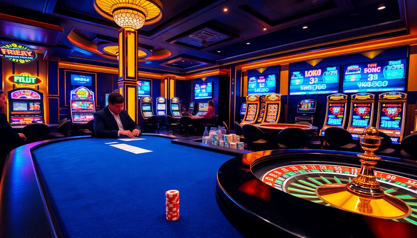 KQBD scores displayed during an exciting casino scene with gamblers at poker tables and slot machines.