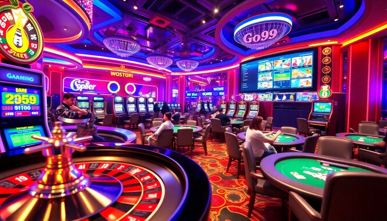 Experience the thrill of gambling at Go99 with vibrant casino scenes filled with games.