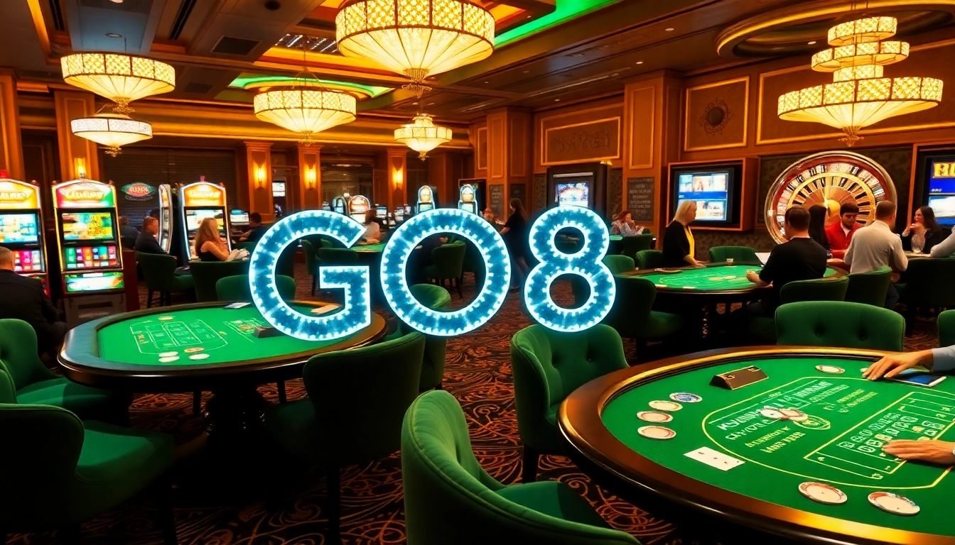 Exciting casino scene showcasing the GO8 logo amid lively gaming tables and vibrant slot machines.