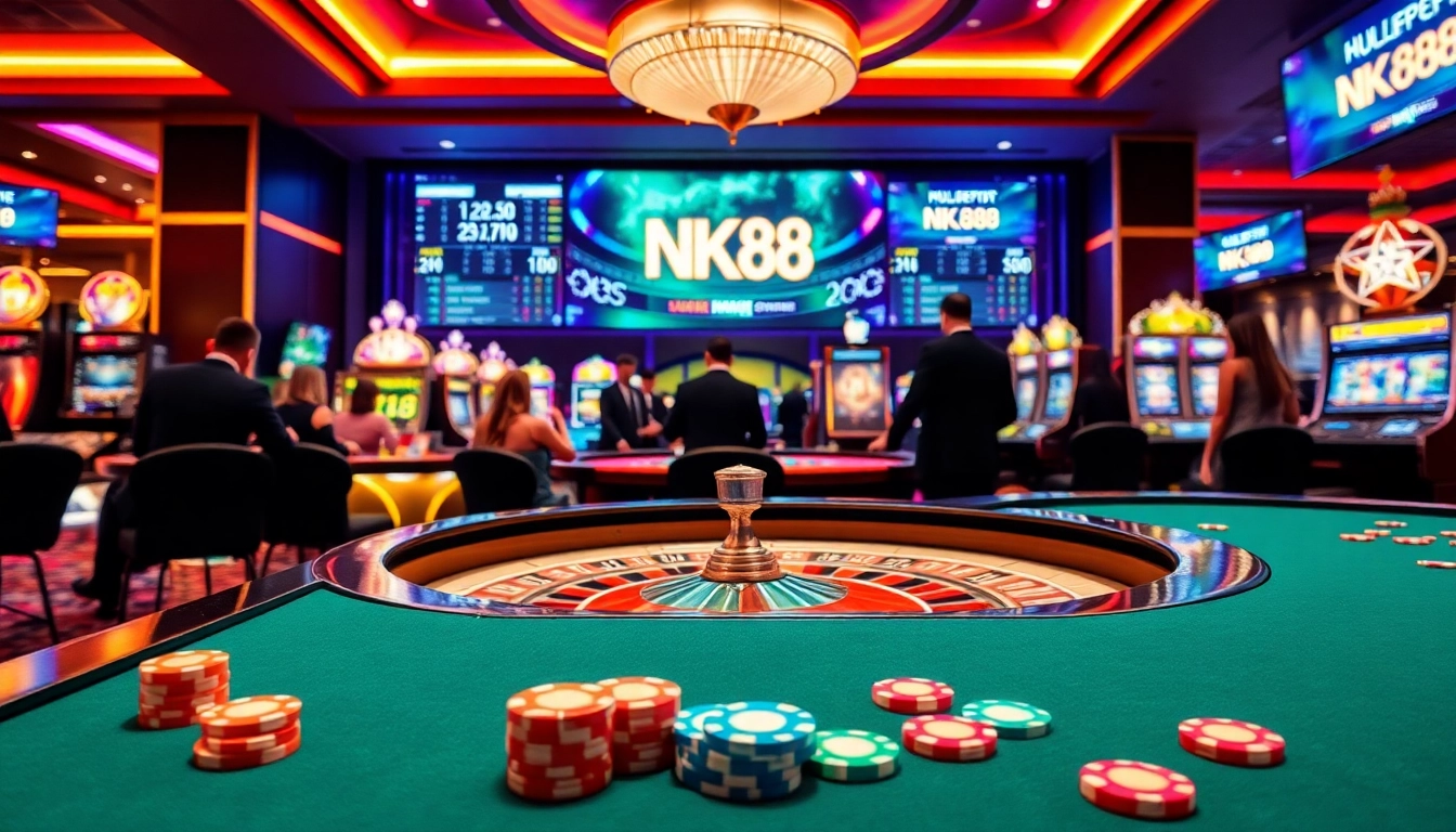 Experience the thrill of NK88 as players engage in exciting casino games on a vibrant gaming floor.