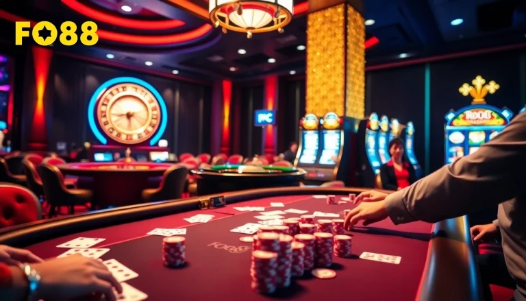 FO88 players enjoying an engaging poker game with vibrant colors and elegant casino elements.
