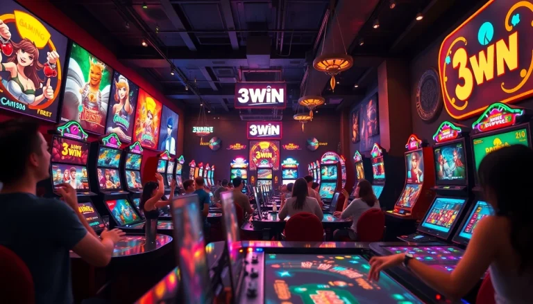 3WIN gaming environment with vibrant scenes of players at live casino tables and digital screens.