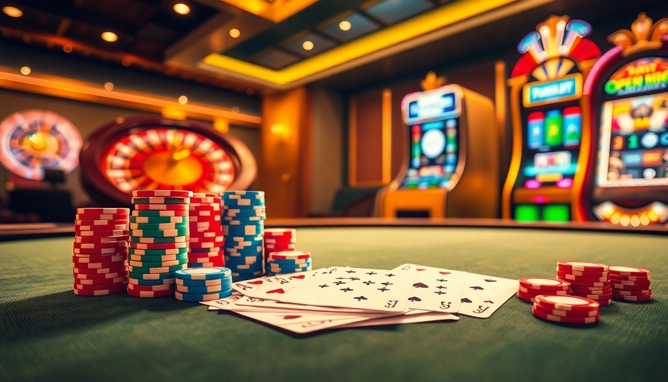 Experience the excitement of gambling at open88.mobi with a vibrant casino scene showcasing poker and roulette.