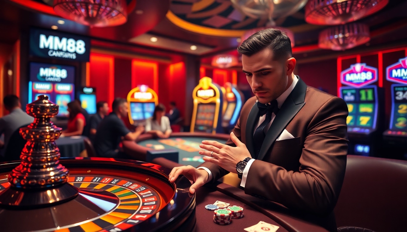MM88 casino scene showcasing thrilling roulette and poker action.