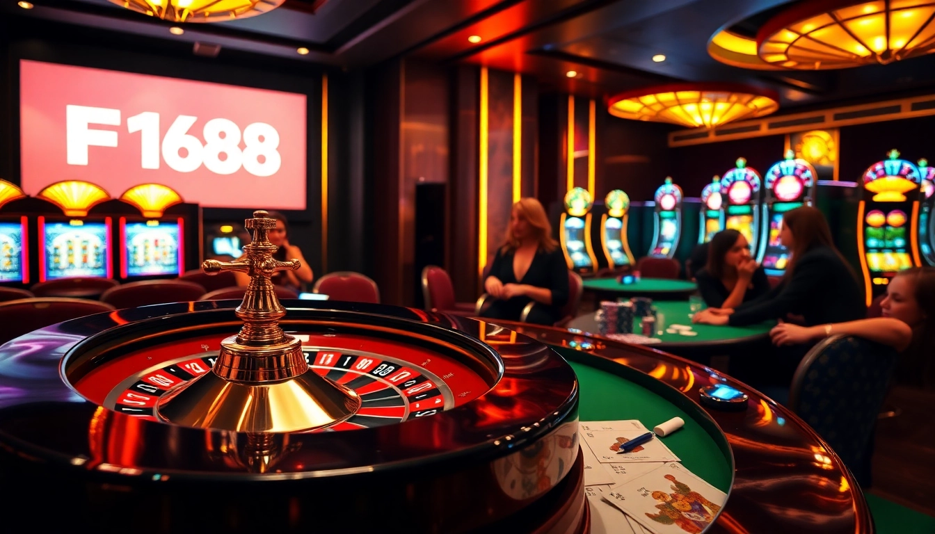 F168 casino vibrant slot machines and poker chips create an exciting gambling atmosphere.