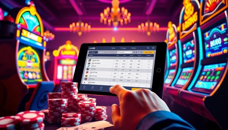 Excited players engaging in the Loto188 online gambling interface with vibrant casino elements.