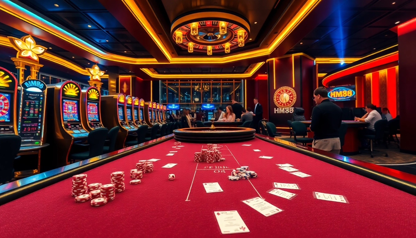 HM88 players enjoying a thrilling game at a professional poker table in a vibrant casino setting.